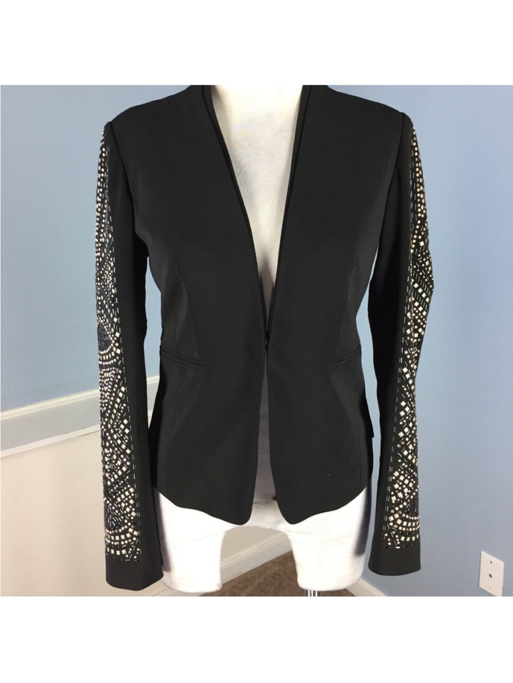 Cache Black Open-Front Blazer with Embellished Sleeves